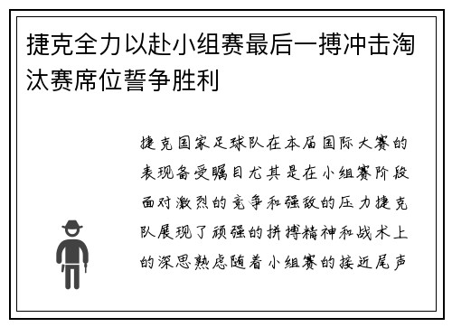 捷克全力以赴小组赛最后一搏冲击淘汰赛席位誓争胜利