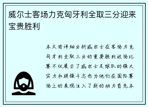 威尔士客场力克匈牙利全取三分迎来宝贵胜利
