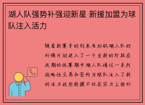 湖人队强势补强迎新星 新援加盟为球队注入活力