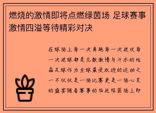 燃烧的激情即将点燃绿茵场 足球赛事激情四溢等待精彩对决