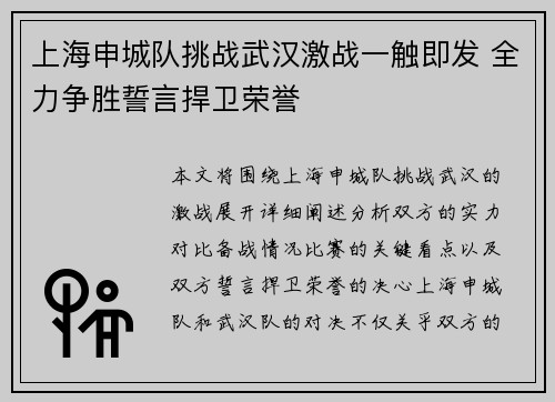 上海申城队挑战武汉激战一触即发 全力争胜誓言捍卫荣誉