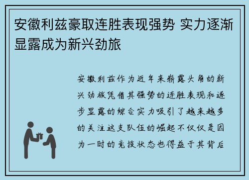 安徽利兹豪取连胜表现强势 实力逐渐显露成为新兴劲旅